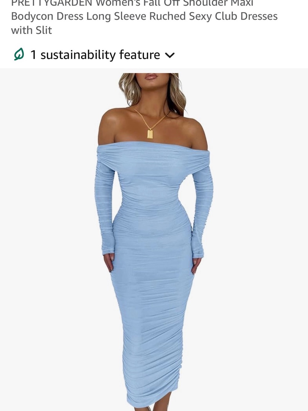 Off-Shoulder Ruched Long-Sleeve Midi Dress in Light Blue